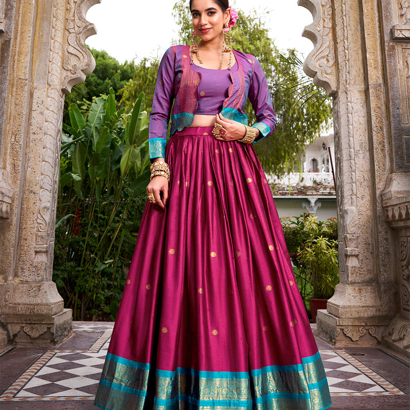 Pink Color Zari Weaving Work Poly Cotton Lehenga Choli
