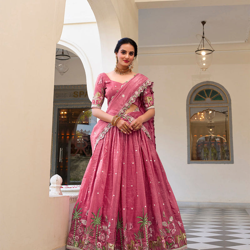 Pink Color Sequins and Thread Embroidery Work Gold Crush Lehenga Choli