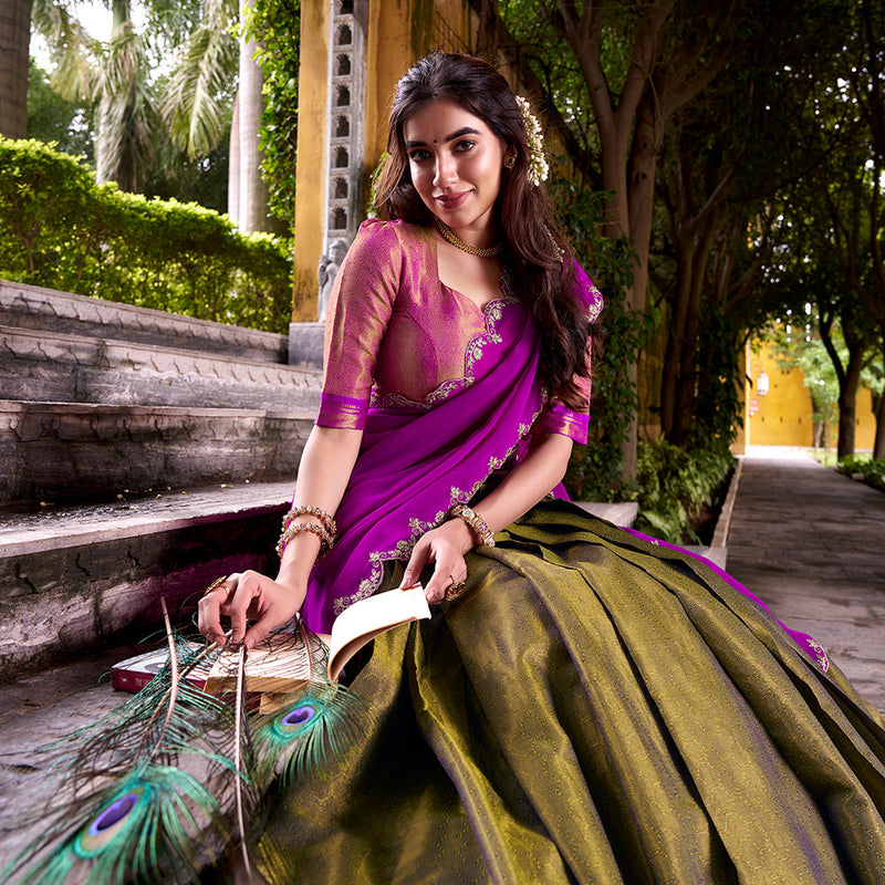 Pink Color Sequince And Thread Embroidery Work Kanchipuram Lehenga Choli