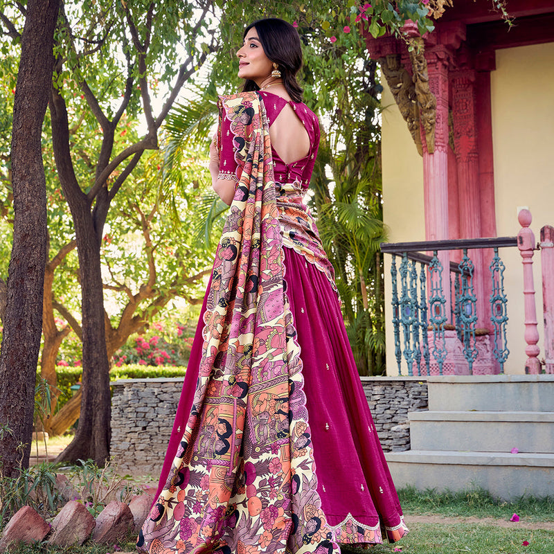 Pink Color Sequins And Thread Embroidery Work Vichitra Silk Lehenga