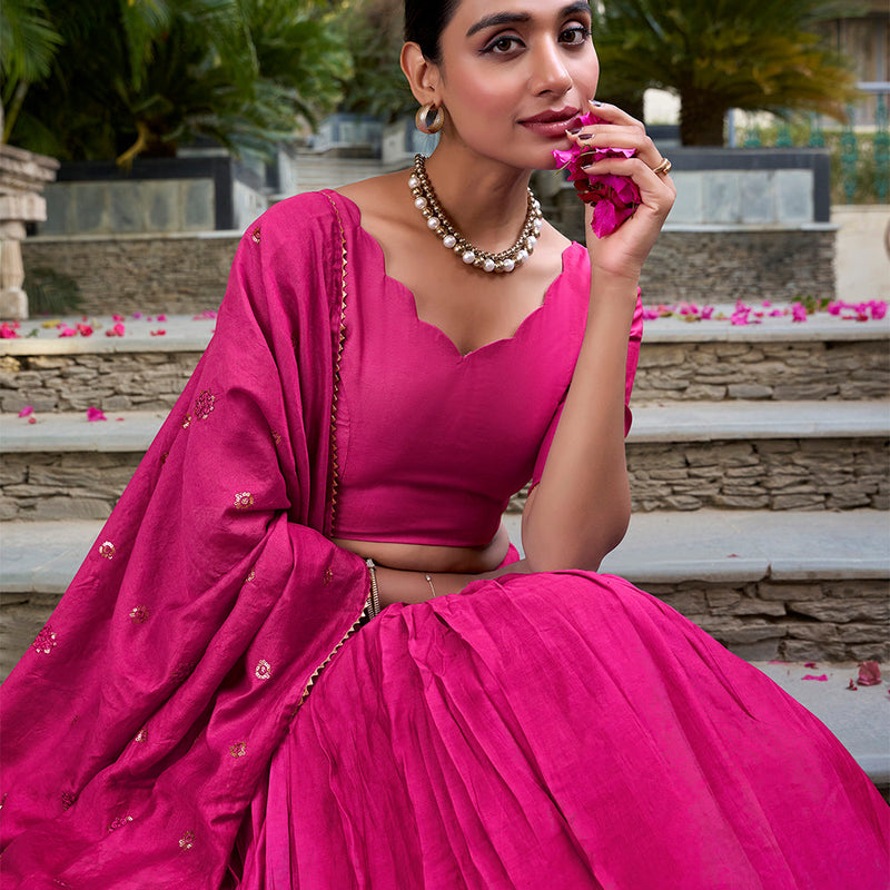 Pink Color Plain With Zari Weaving Work Chanderi Lehenga Choli