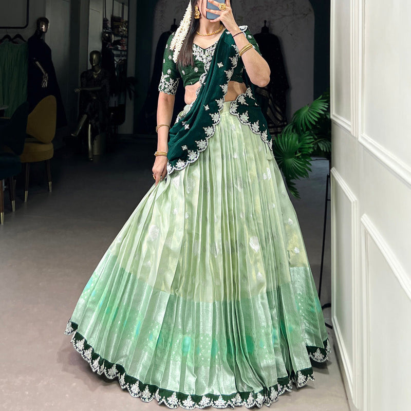 Pista Color Zari Weaving Work Sequins And Embroidery Border With Zari Kota Lehenga Choli