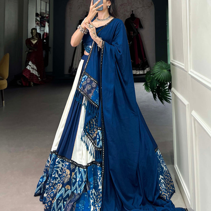 Blue Color Plain And Printed With Paper Mirror Work Rayon Lehenga Choli