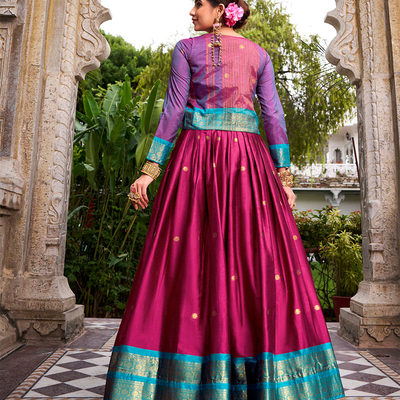 Pink Color Zari Weaving Work Poly Cotton Lehenga Choli