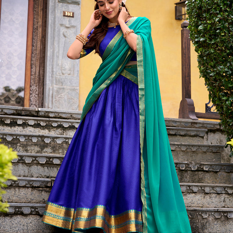Royal Blue Color Zari Weaving Work Poly Cotton Lehenga choli