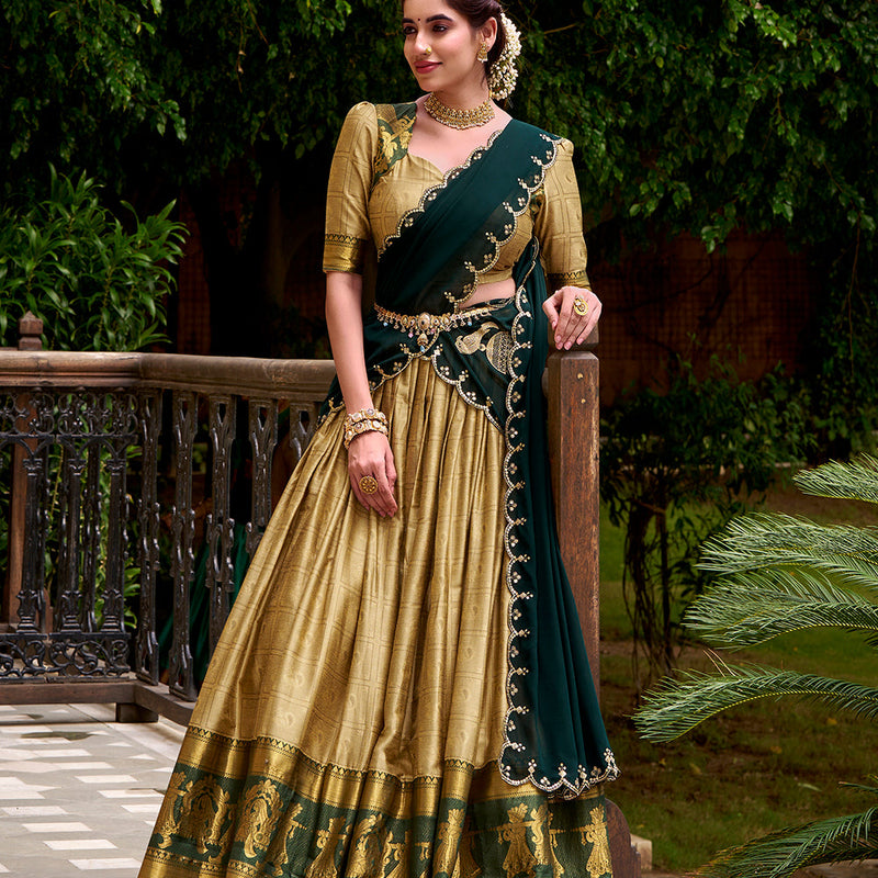 Cream Color Zari Weaving Work Poly Cotton Lehenga Choli