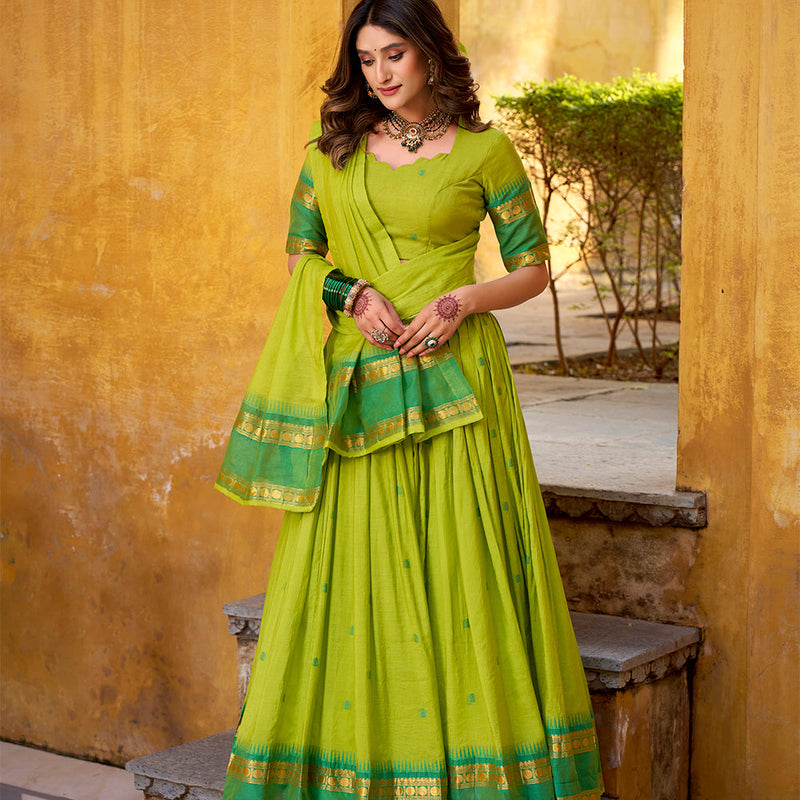 Parrot Color Zari Weaving Work Chanderi Lehenga Choli