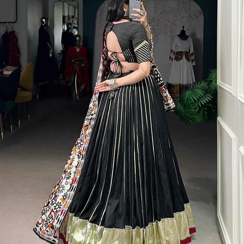 Black Color Zari Weaving Work With Embossed Design Chanderi Lehenga Choli