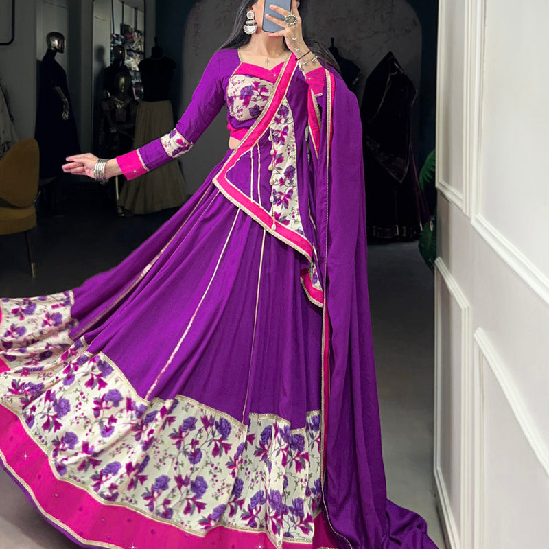 Purple Color Printed And Original Mirror Lace Border Rayon Lehenga Choli