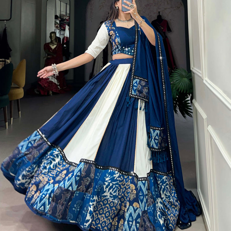 Blue Color Plain And Printed With Paper Mirror Work Rayon Lehenga Choli