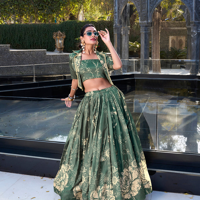 Bottle Green Floral Print Tussar Silk Co-ord Set lehenga Choli