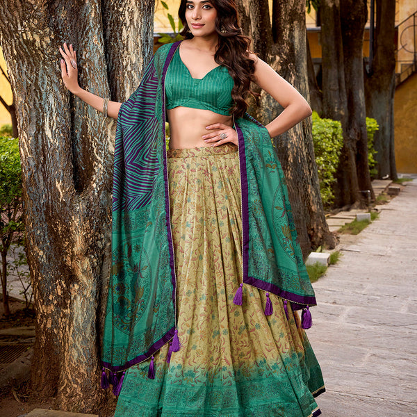 Firozi Color Printed With Vichitra Silk Choli