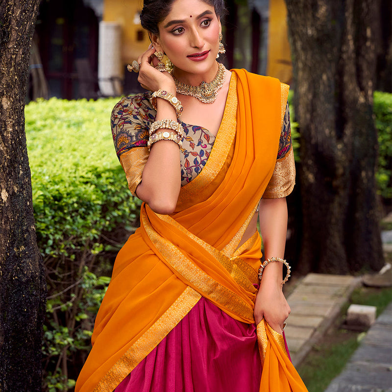 Pink Color Printed With Zari Weaving Work Astha Silk Lehenga Choli