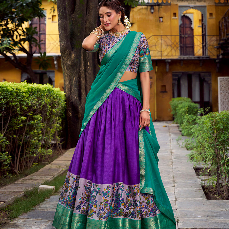 Pruple Color Printed With Zari Weaving Work Astha Silk Lehenga Choli