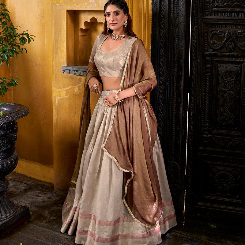 Cream Color Zari Weaving Work Dupion Silk Lehenga Choli