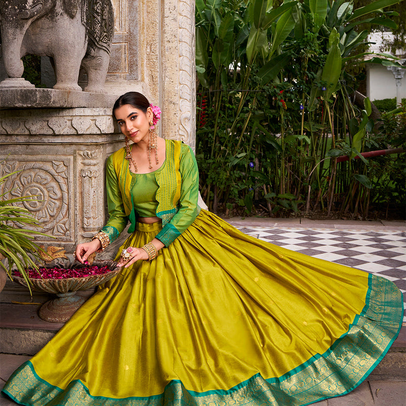 Parrot Color Zari Weaving Work Poly Cotton Lehenga Choli