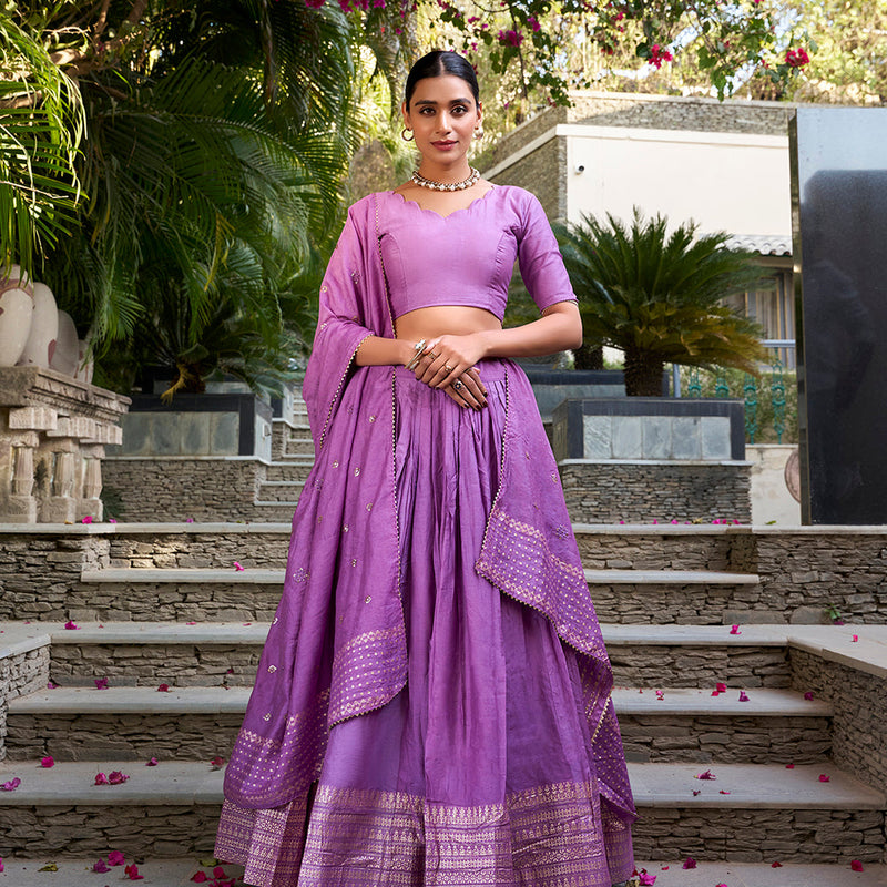 Purple Color Plain With Zari Weaving Work Border Chanderi Traditional Wear Lehenga Choli