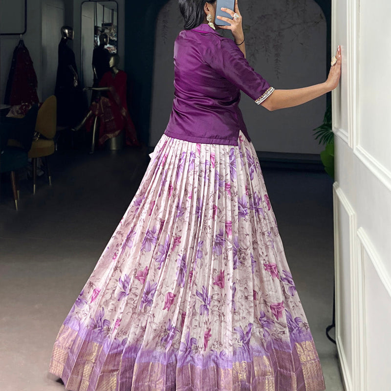 Purple Color Floral Print With Zari Weaving Work Dola Chex Co-Ord Set