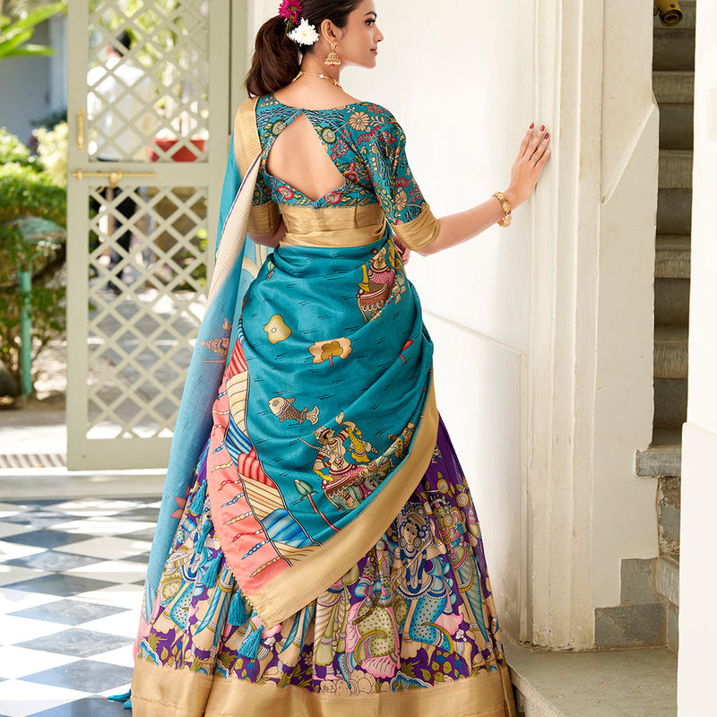 Purple Color Kalamkari Print With Weaving Border Dola Silk Lehenga Choli