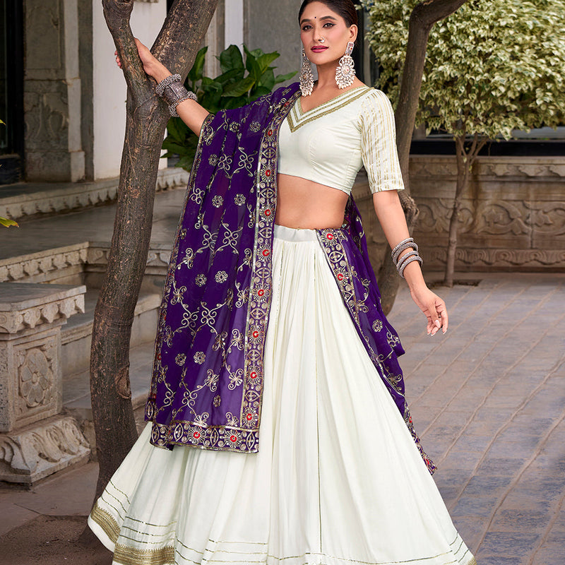 White Color Zari Weaving Work With Lace Touch Up Rayon Lehenga choli