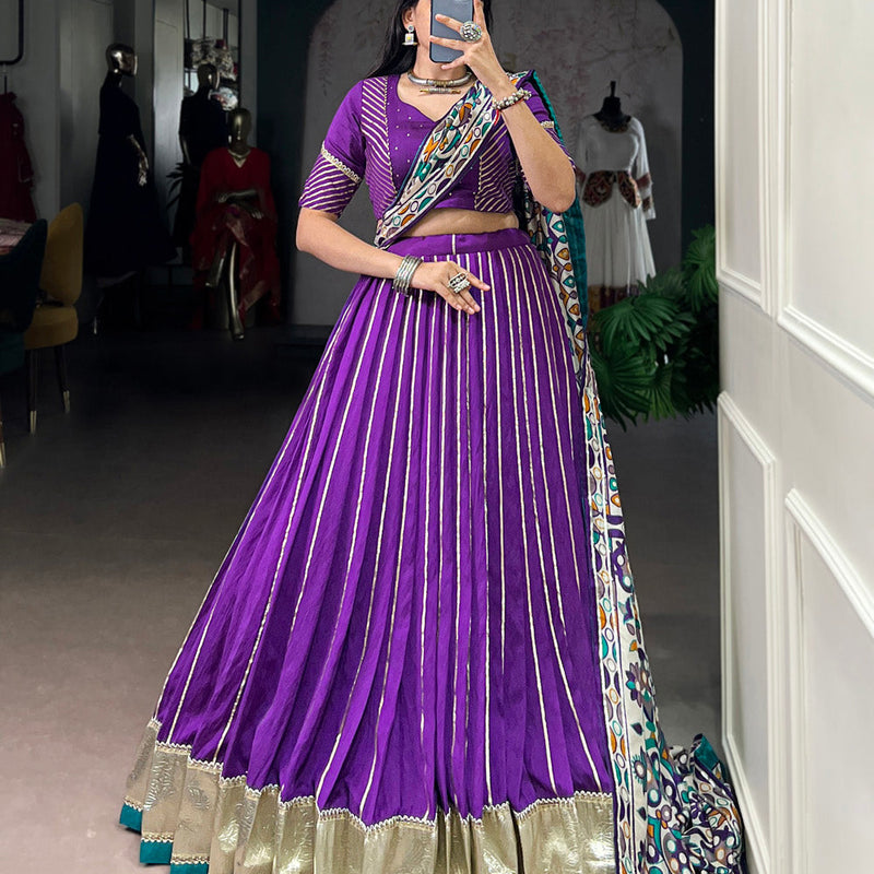 Purple Color Zari Weaving Work With Embossed Design Chanderi Lehenga Choli
