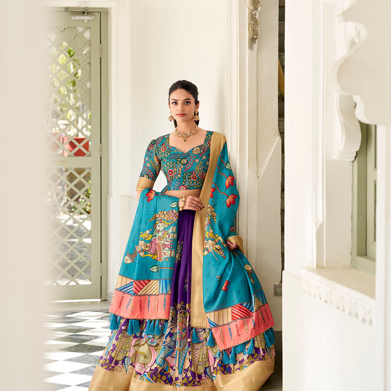 Purple Color Kalamkari Print With Weaving Border Dola Silk Lehenga Choli
