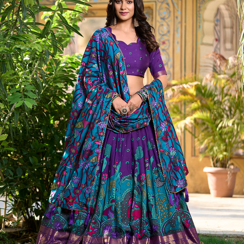 Purple Color Kalamkari Print With Foil Work Tasar Silk Lehenga Choli