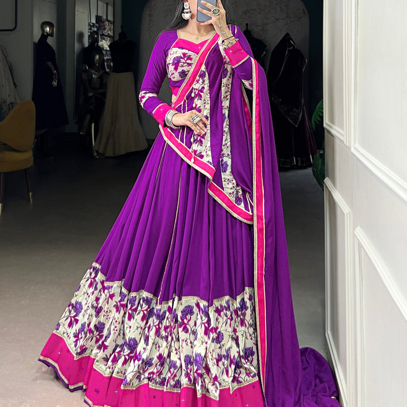 Purple Color Printed And Original Mirror Lace Border Rayon Lehenga Choli
