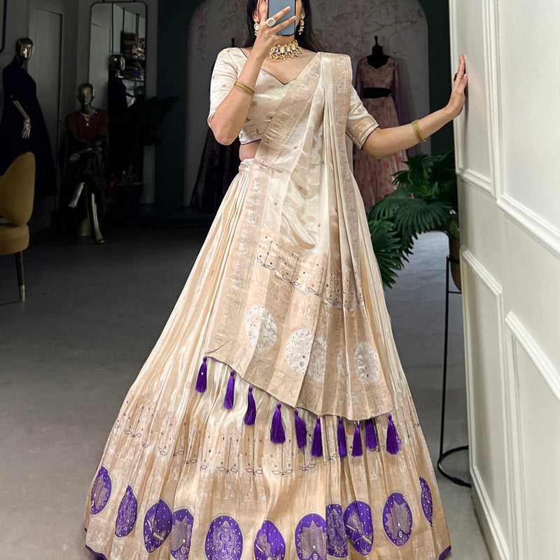 Purple Color Mirror And Bids (Moti) Handwork Shimmer With Weaving Work Lehenga Choli