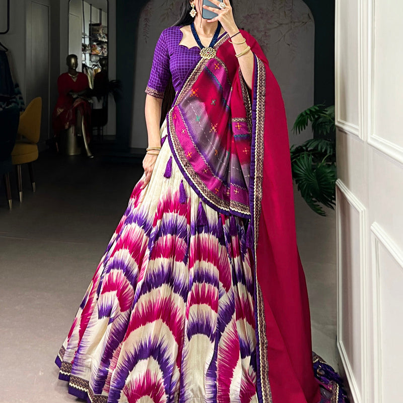 Purple Color Tie And Dye Printed Tasar Silk Lehenga Choli