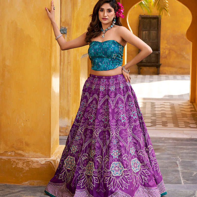 Purple Color Printed With Beads Work Lehenga