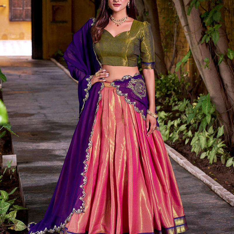 Purple Color Sequince And Thread Embroidery Work Kanchipuram Lehenga Choli