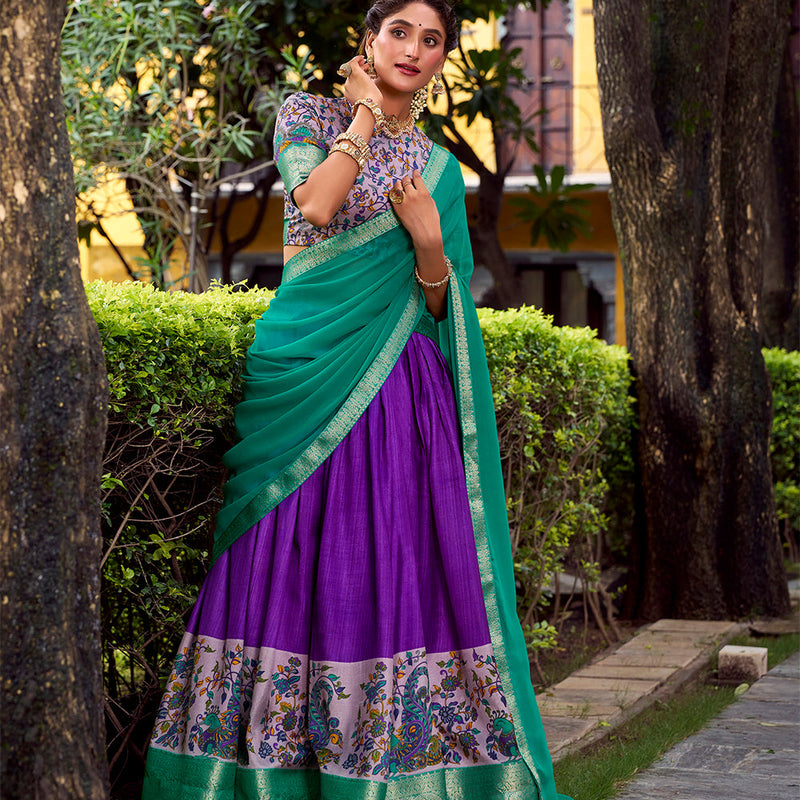 Pruple Color Printed With Zari Weaving Work Astha Silk Lehenga Choli