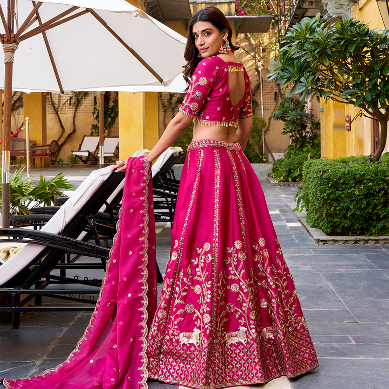 Rani Pink color Sequince And Thread Embroidery Work Natural Silk Lehenga Choli