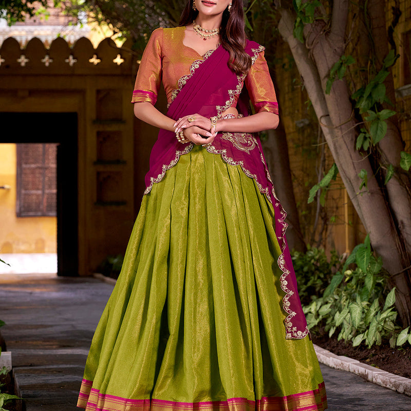 Rani Pink Color Sequince And Thread Embroidery Work Kanchipuram Lehenga Choli