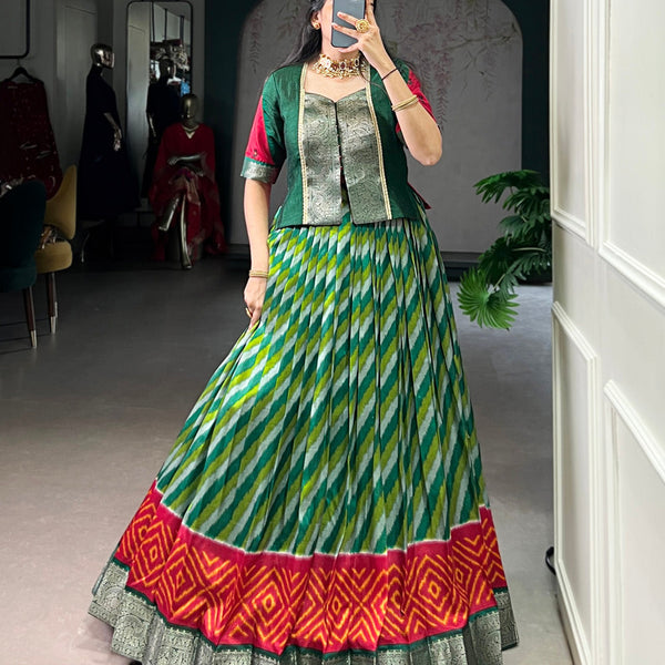 Green Color Leheriya Print With Zari Weaving Work Tasar Silk Co-Ord Set