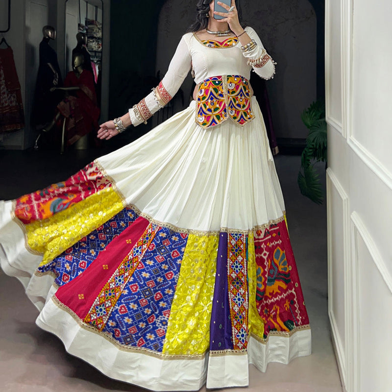 White Color Multi Patch With Lace Touch Up Rayon Chaniya Choli