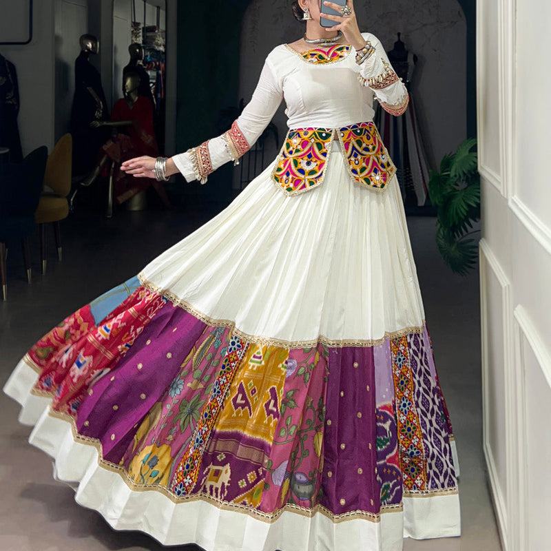 White Color Multi Patch With Lace Touch Up Rayon Chaniya Choli