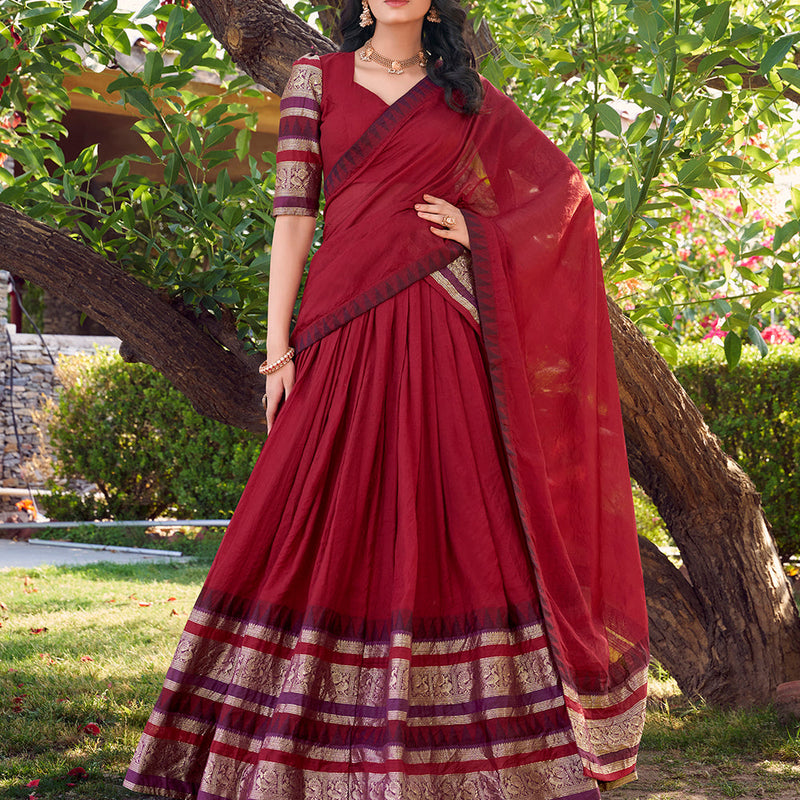 Red Color Plain With Zari Weaving Work Chanderi Silk Lehenga Choli