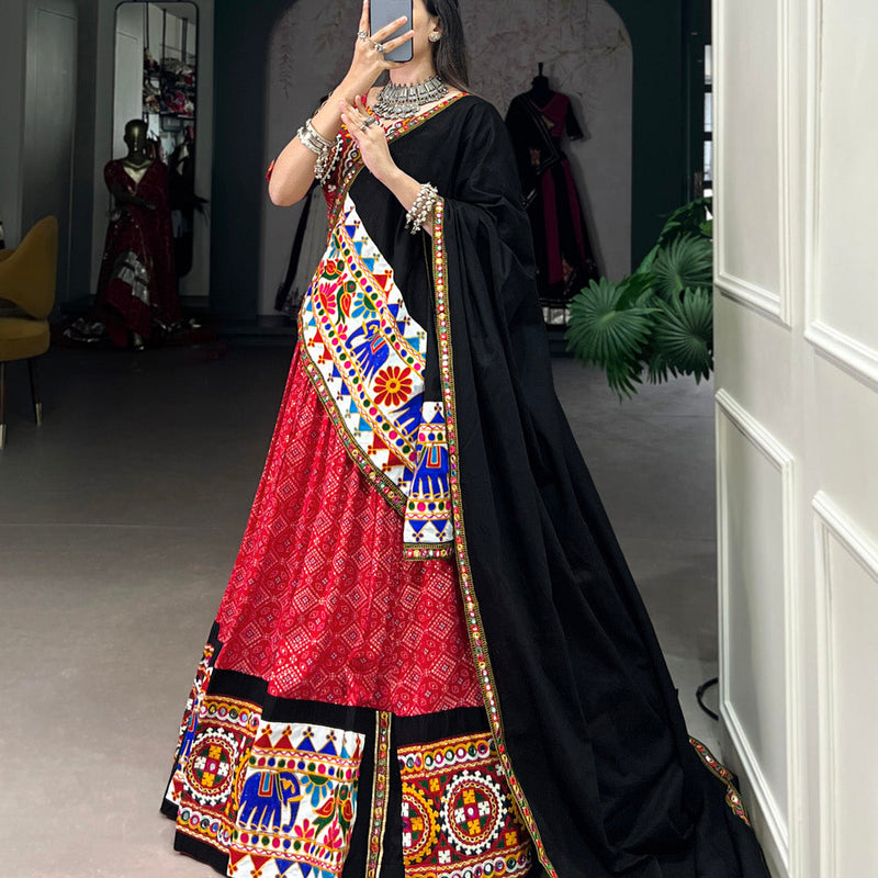 Red Color Printed And Gamthi Work With Mirror Work Cotton Chaniya Choli