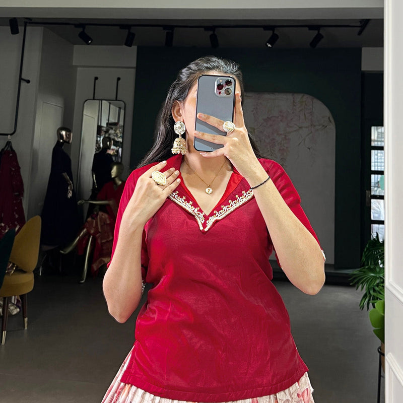 Red Color Floral Print With Zari Weaving Work Dola Chex Co-Ord Set