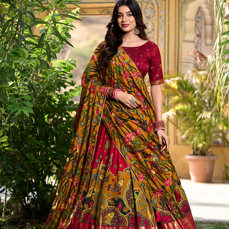Red Color Kalamkari Print With Foil Work Tasar Silk Lehenga Choli