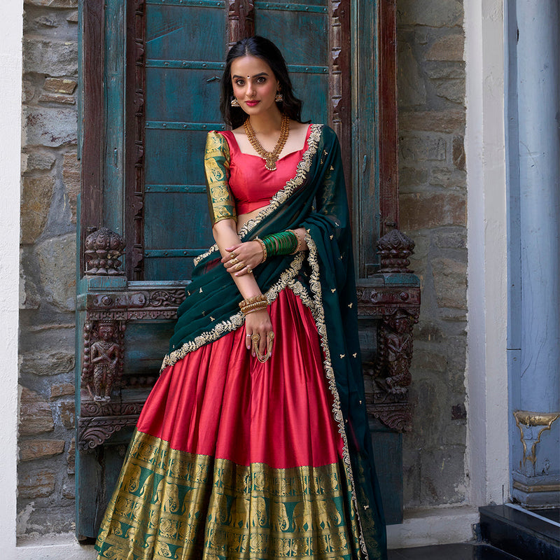 Red Color Zari Weaving Work Narayan Pattu Lehenga Choli