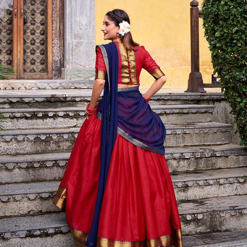 Red Color Zari Weaving Work Poly Cotton Lehenga choli