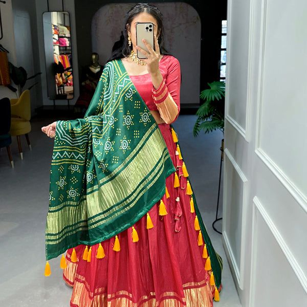 Salmon Color Dyeing With Lagdi Patta Gaji Silk Lehenga Choli