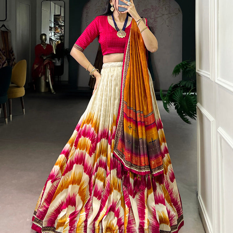 Red Color Tie And Dye Printed Tasar Silk Lehenga Choli