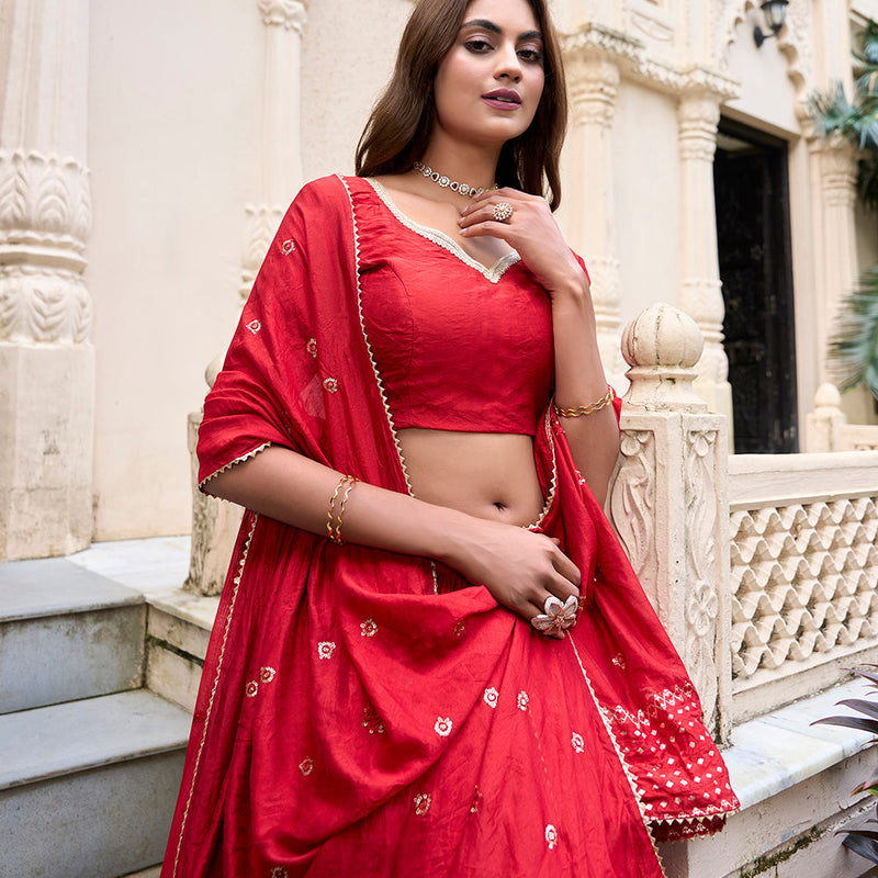 Red Color Plain With Zari Weaving Work Chanderi Lehenga Choli