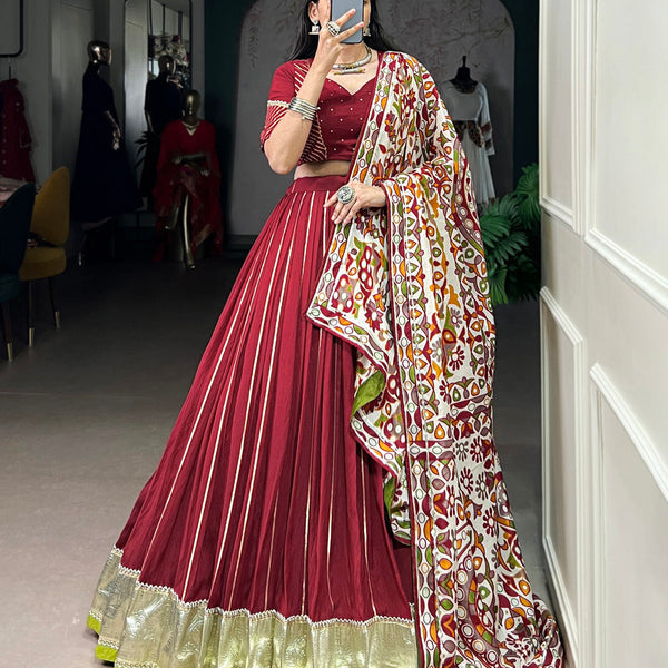 Maroon Color Zari Weaving Work With Embossed Design Chanderi Lehenga Choli