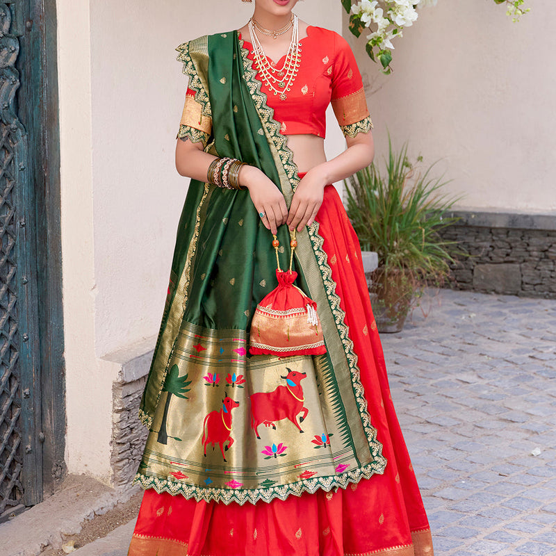 Red Color Zari Weaving Work Jacquard Silk (Paithani) Lehenga Choli
