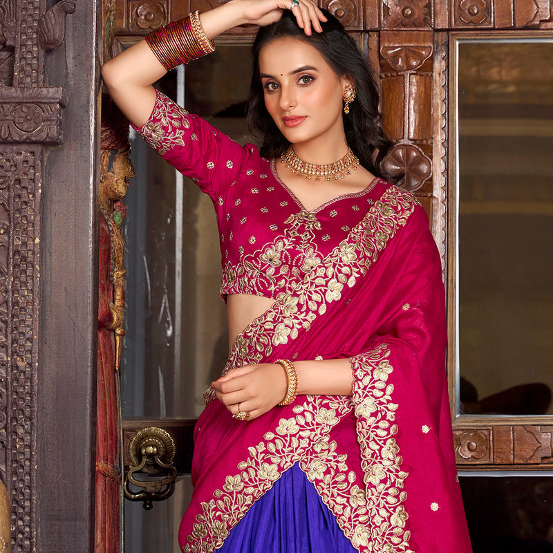 Royal Blue Color Printed With Foil Work Tasar Silk Lehenga Choli